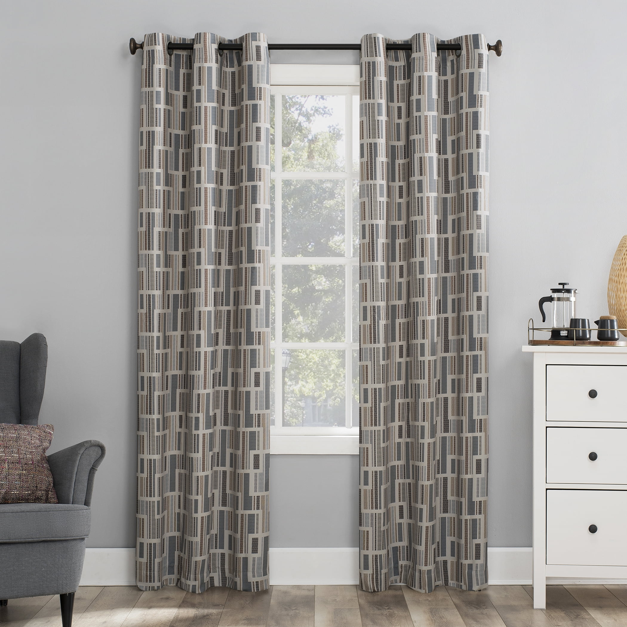 Mainstays Blackout Grommet Single Curtain Panel, 1 Panel, Beige Geometric, 40"W x 95"L