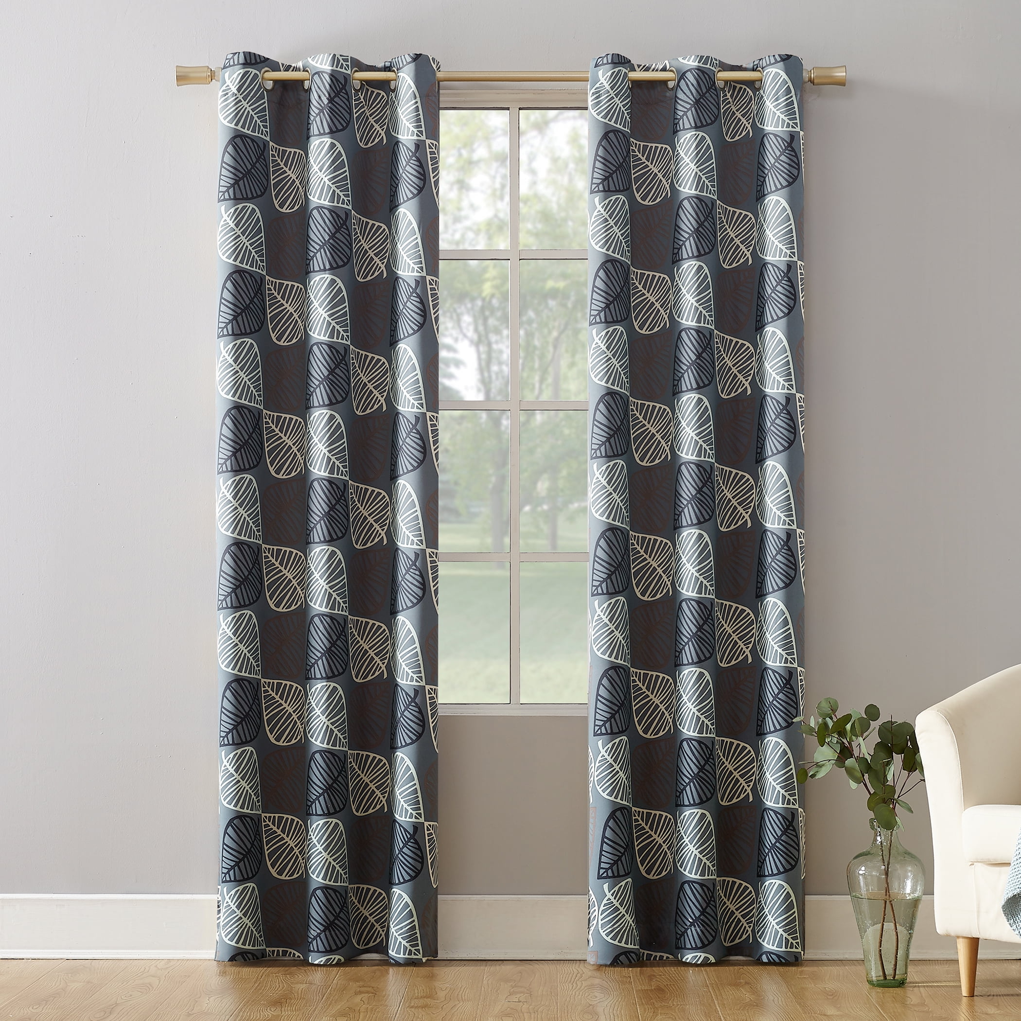 Mainstays Blackout Grommet Single Curtain Panel, 1 Panel, Gray Multicolor Leaves, 40"W x 95"L