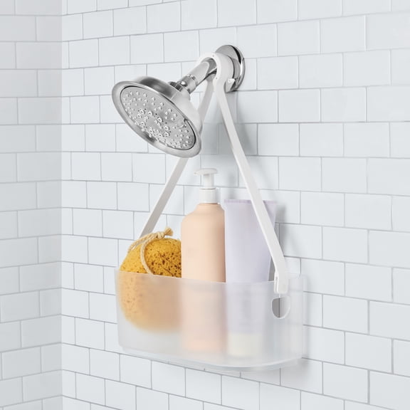 Mainstays Frosted Hanging Shower Basket Caddy with Multiple Compartments, for Shower Heads or Doors
