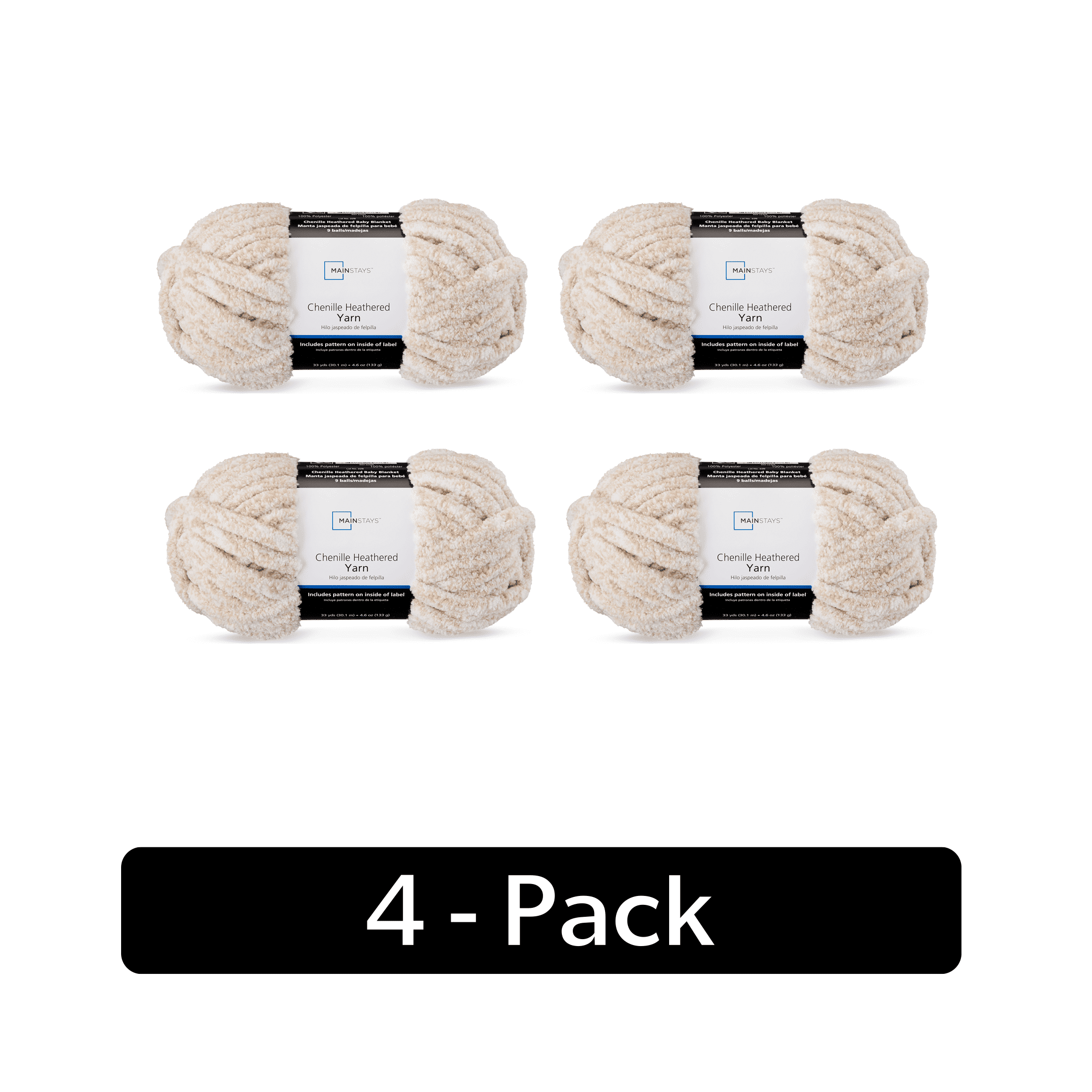 Mainstays Heathered Chenille Yarn, 33 yd, Mushroom, 100% Polyester, Super Bulky, Pack of 4