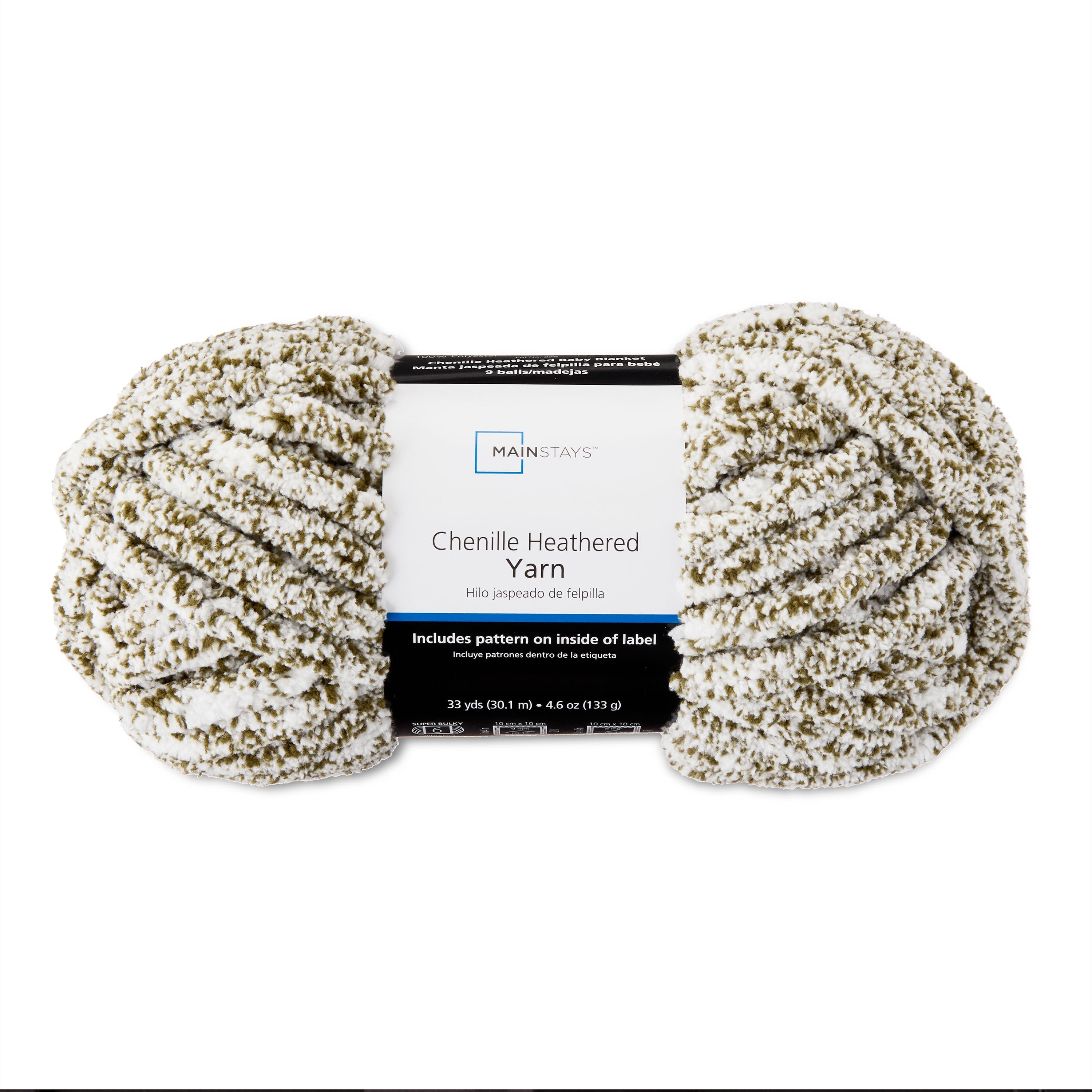 Mainstays Heathered Chenille Yarn, 33 yd, Winter Moss, 100% Polyester, Super Bulky, Pack of 4