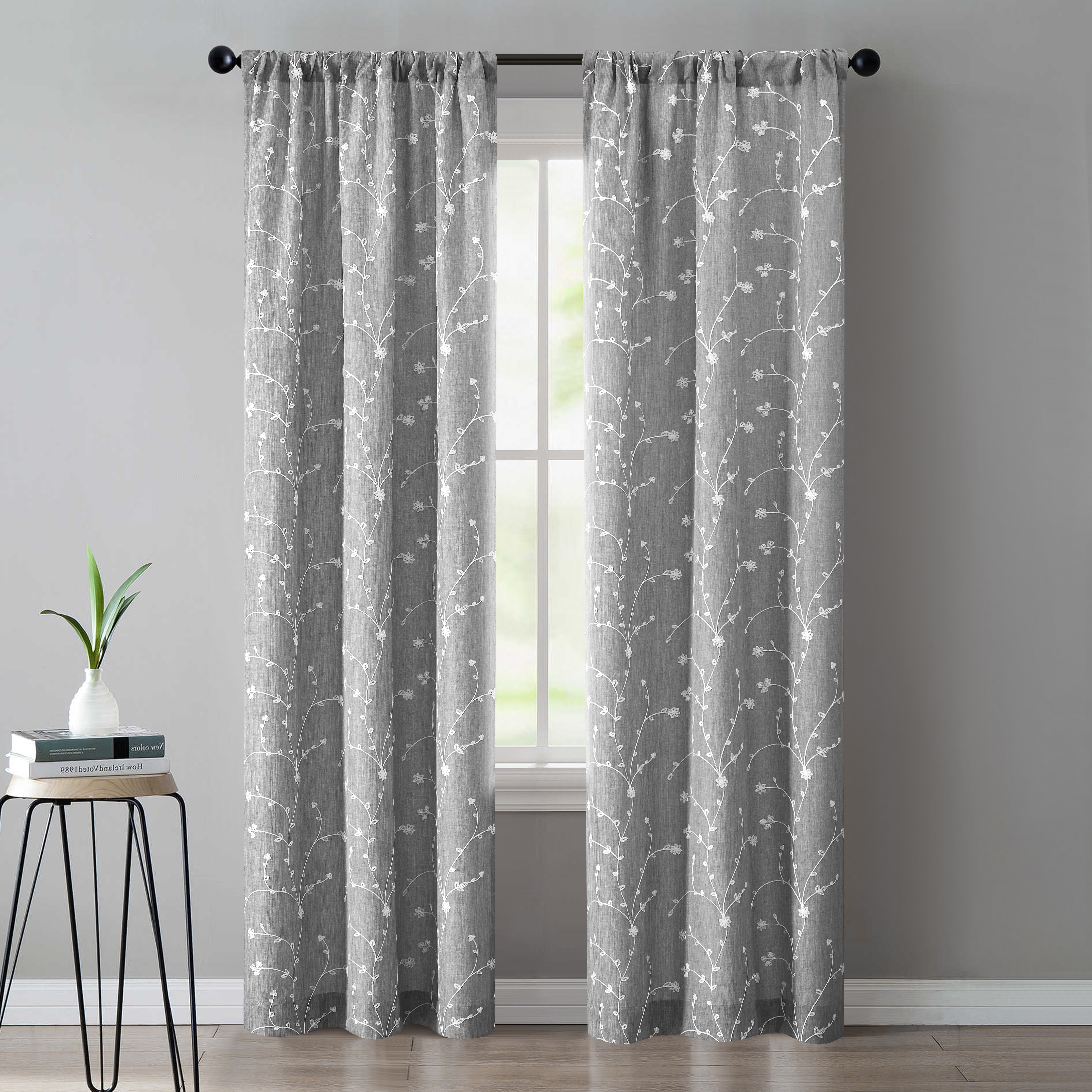 Mainstays Heathered Embroidered Sheer Curtain Panel Pair, Set of 2, Gray, 37"W x 84"L