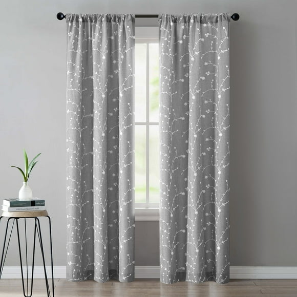Mainstays Heathered Embroidered Sheer Curtain Panel Pair, Set of 2, Gray, 37"W x 84"L