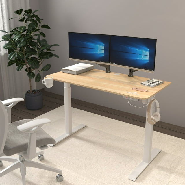 Mainstays Height Adjustable Standing Desk with USB  Type C in Wood Color Height 28 to 47 inches