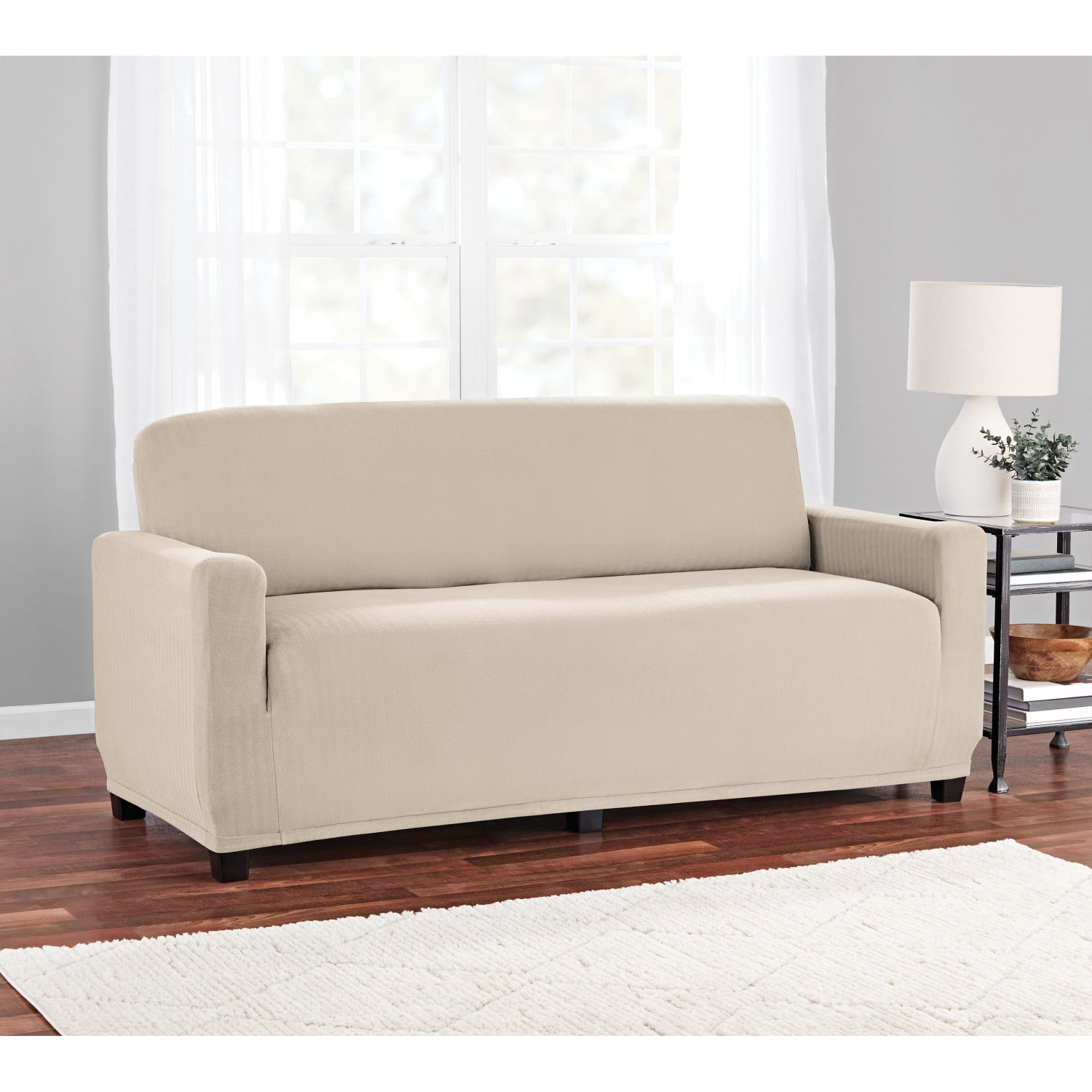 Mainstays Herringbone Stretch-to-Fit Loveseat Slipcover, 1-Piece, Tan