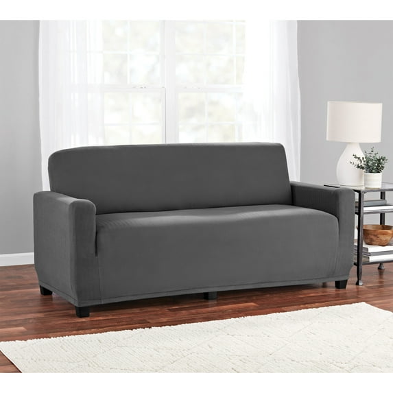 Mainstays Herringbone Stretch-to-Fit Loveseat Slipcover, Fits 2 People, 1-Piece, Charcoal Black