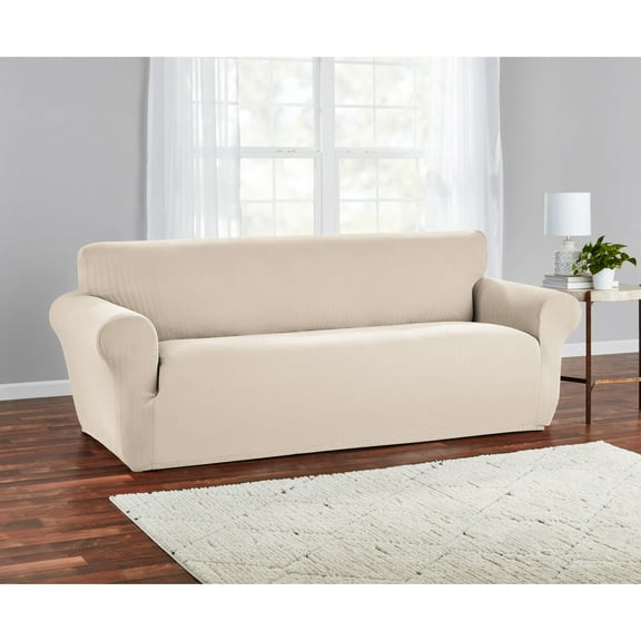 Mainstays Herringbone Stretch-to-Fit Sofa Slipcover, 1-Piece, Tan