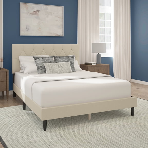 Mainstays Hillside Diamond Tufted Upholstered Queen Platform Bed, Ivory
