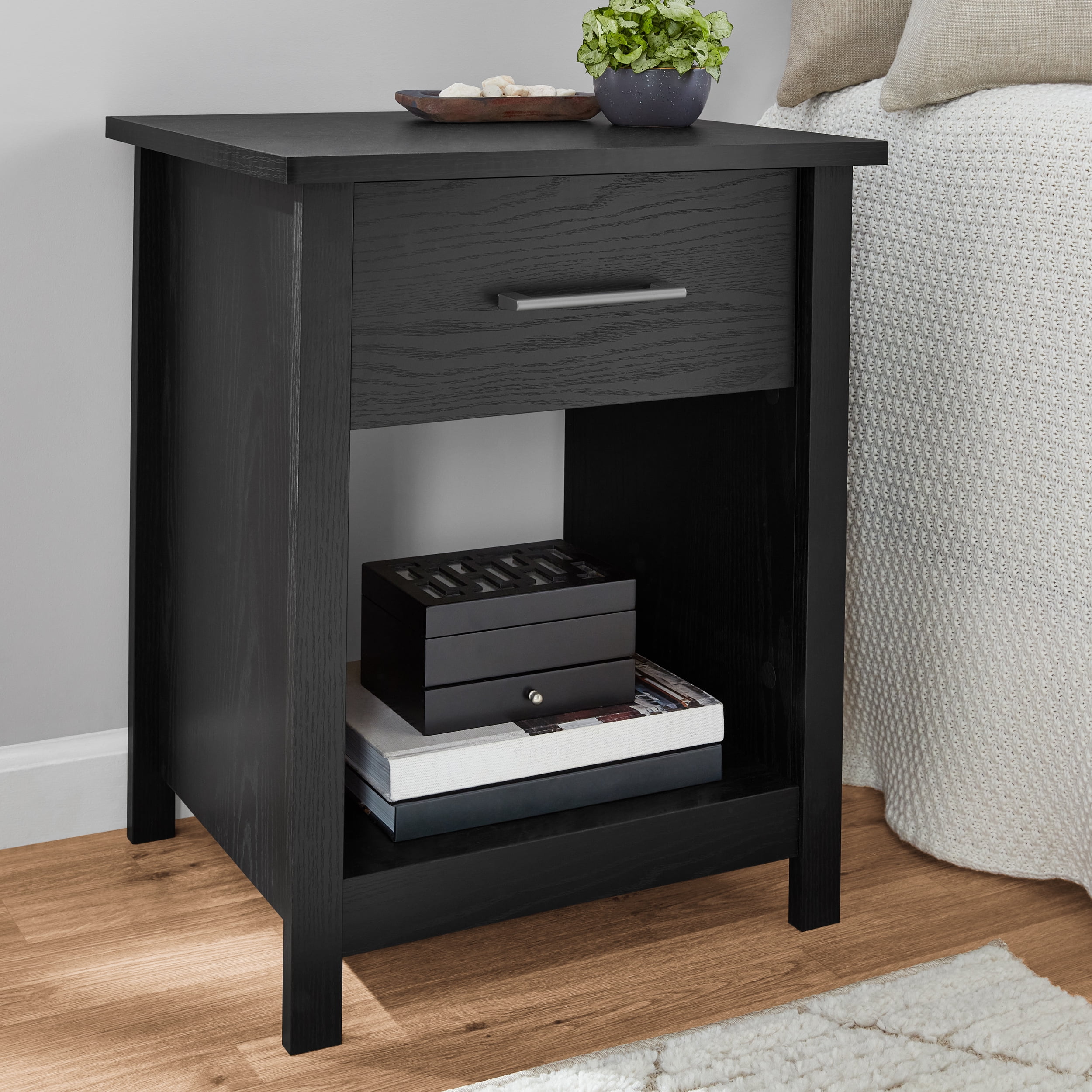 Mainstays Hillside Nightstand with Drawer, Black Finish Mainstays Hillside Nightstand with Drawer, Black Finish