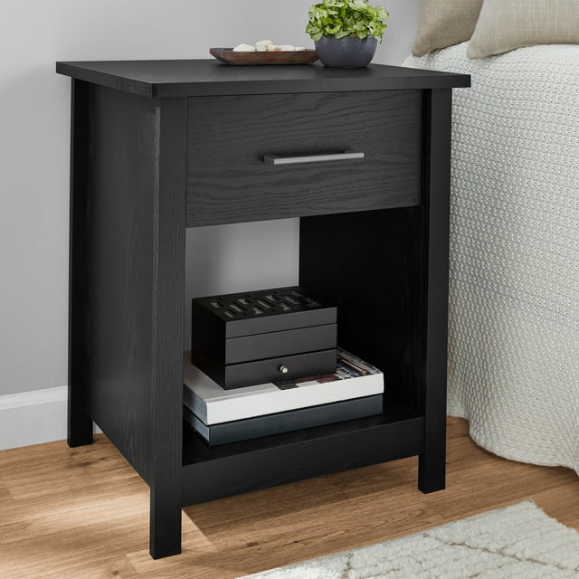 Mainstays Hillside Nightstand with Drawer, Black Finish
