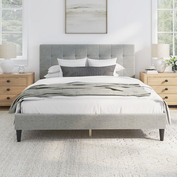 Mainstays Hillside Square Tufted Upholstered Full Platform Bed, Light Gray Fabric