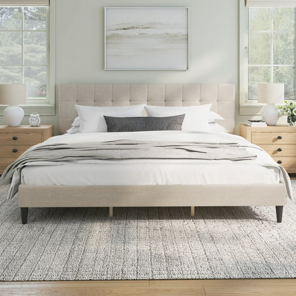 Mainstays Hillside Square Tufted Upholstered King Platform Bed, Ivory Fabric