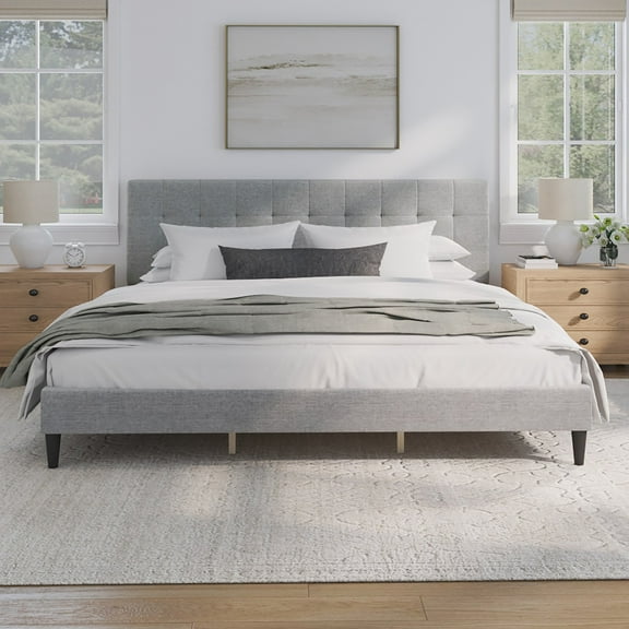 Mainstays Hillside Square Tufted Upholstered King Platform Bed, Light Gray Fabric
