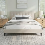 Mainstays Hillside Square Tufted Upholstered Queen Platform Bed, Ivory Fabric