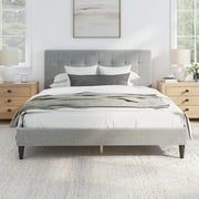 Mainstays Hillside Square Tufted Upholstered Queen Platform Bed, Light Gray Fabric