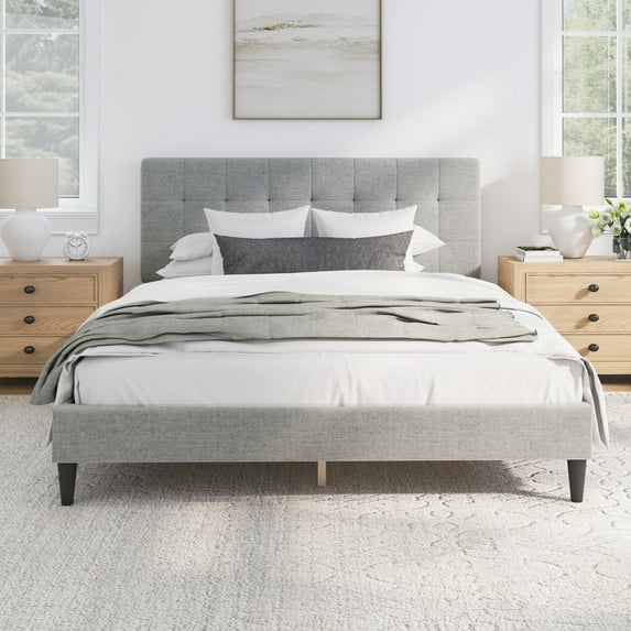 Mainstays Hillside Square Tufted Upholstered Queen Platform Bed, Light Gray Fabric