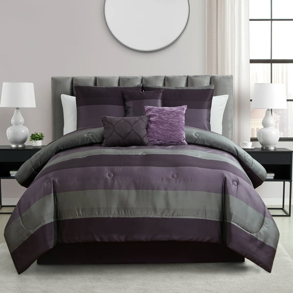 Mainstays Hudson 7-Piece Plum/Black Striped Polyester Comforter Set, King
