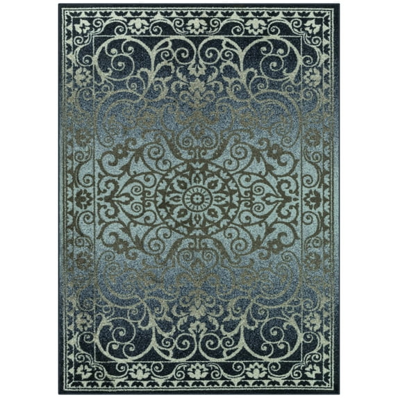 Mainstays India Medallion Textured Navy Gray Indoor Living Room Area Rug,7' x 10'