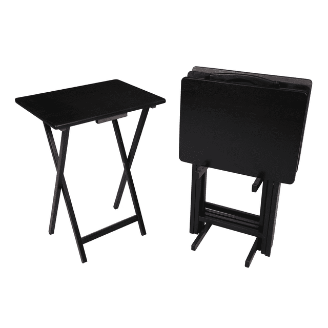 Mainstays Indoor Folding Table Set of 4 in Black  L19 x W15 x H26 inches.  4 Tables+1 Rack Stand.