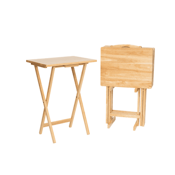 Mainstays 4-Piece Natural Rubberwood Indoor Folding TV Tray Table Set with Storage Rack