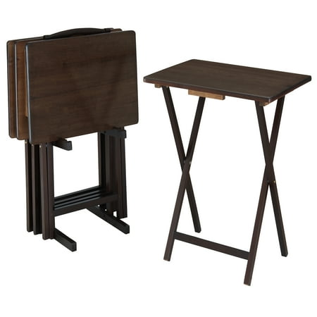 Mainstays 5-Piece Rubberwood Folding TV Tray Table Set of 4 with Storage Rack, Walnut