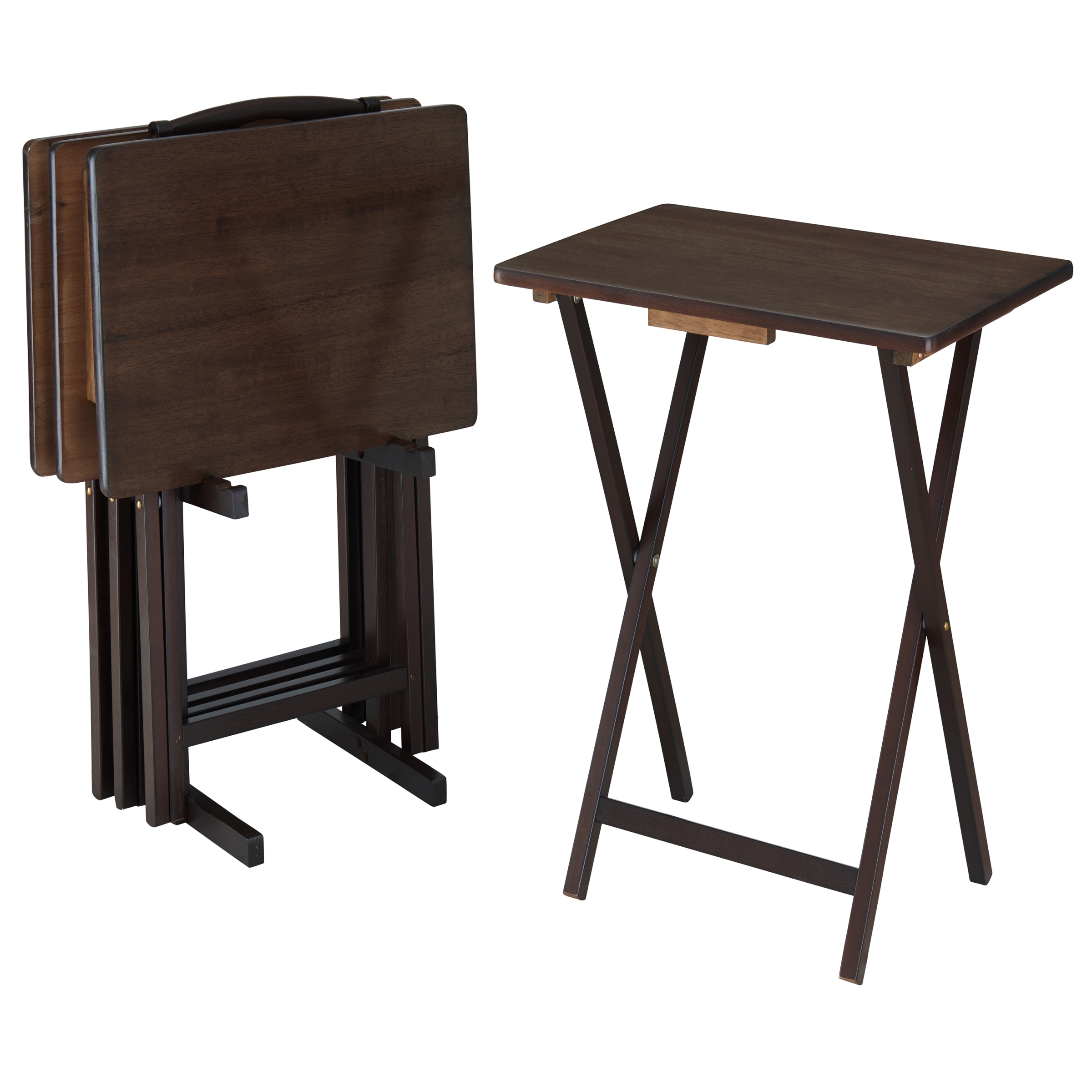 Mainstays Indoor Folding Table Set of 4 in Walnut L19 x W15 x H26 inches. 4 Tables+1 Rack Stand. - image 1 of 5