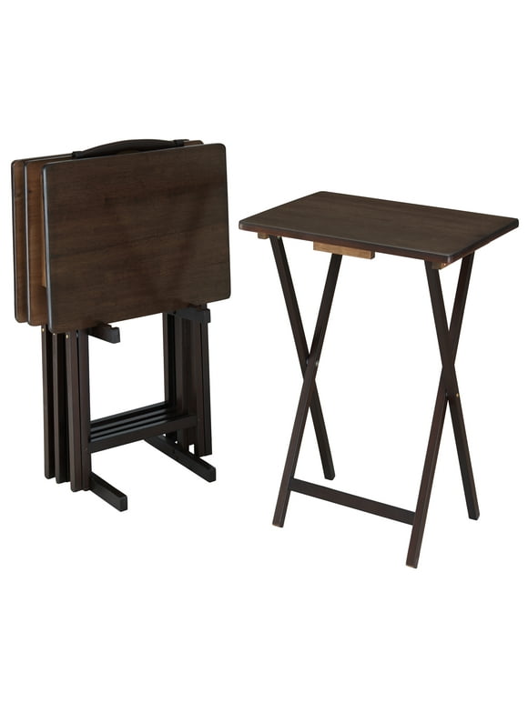Mainstays Indoor Folding Table Set of 4 in Walnut L19 x W15 x H26 inches. 4 Tables+1 Rack Stand.