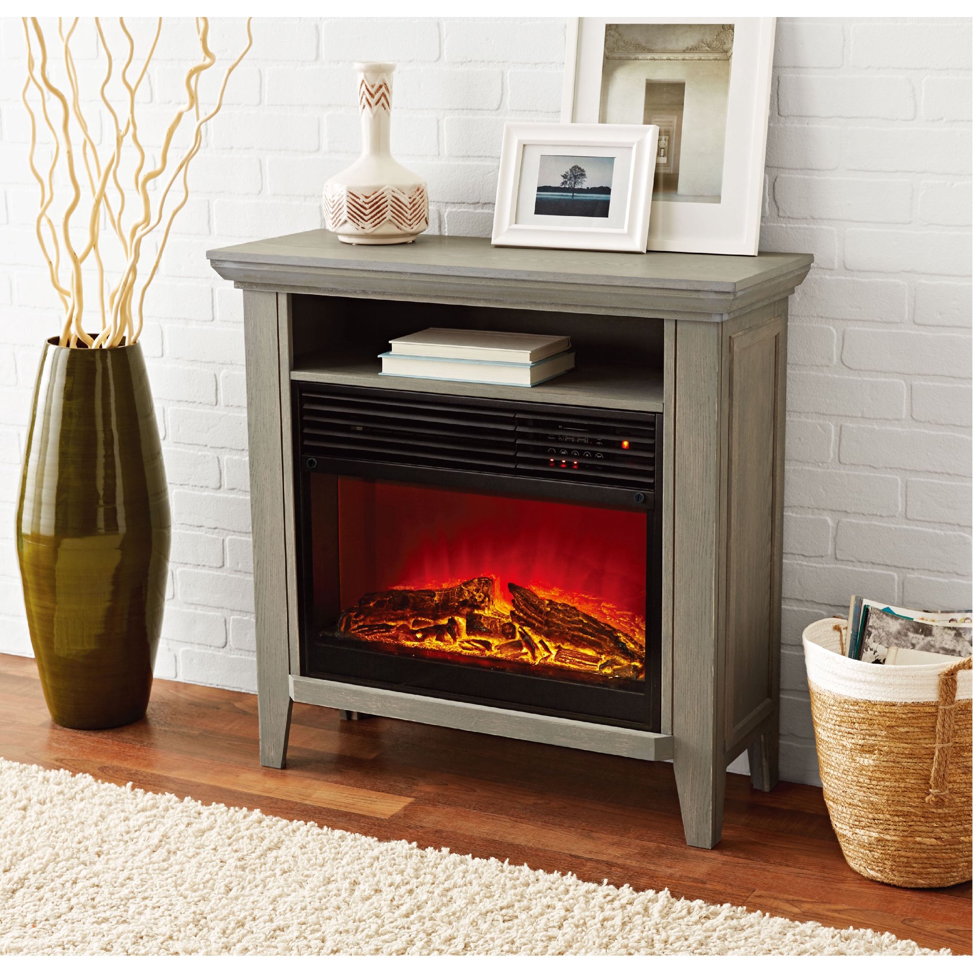 Mainstays Infrared Quartz Fireplace Heater with Storage Shelf, Gray Finish  - Walmart.com