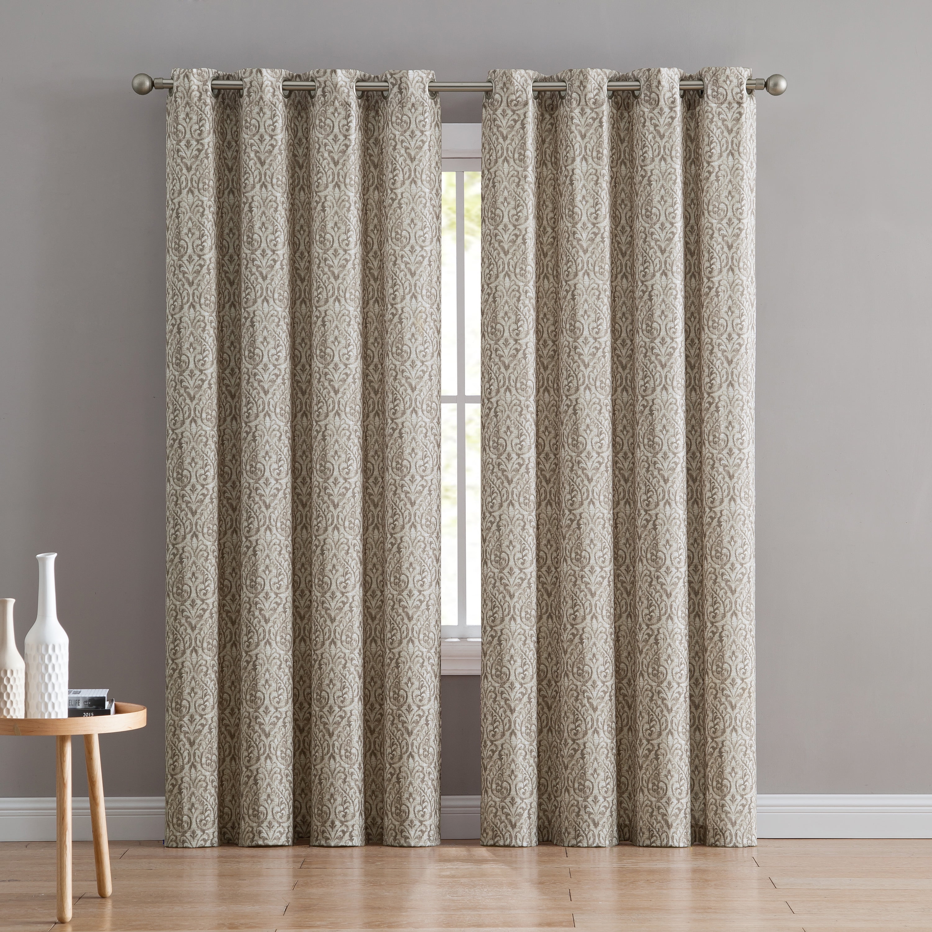 Mainstays Ivory / Taupe Royce Damask Grommet Top Window Curtain Panel
