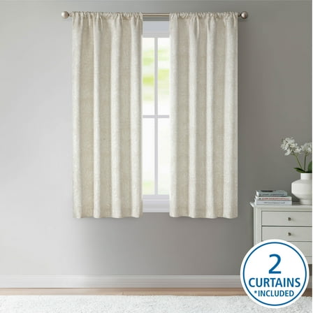 Mainstays Jacquard Blackout Panel Pair, Set of 2 Curtains, Beige Botanical, 37" W x 63" L