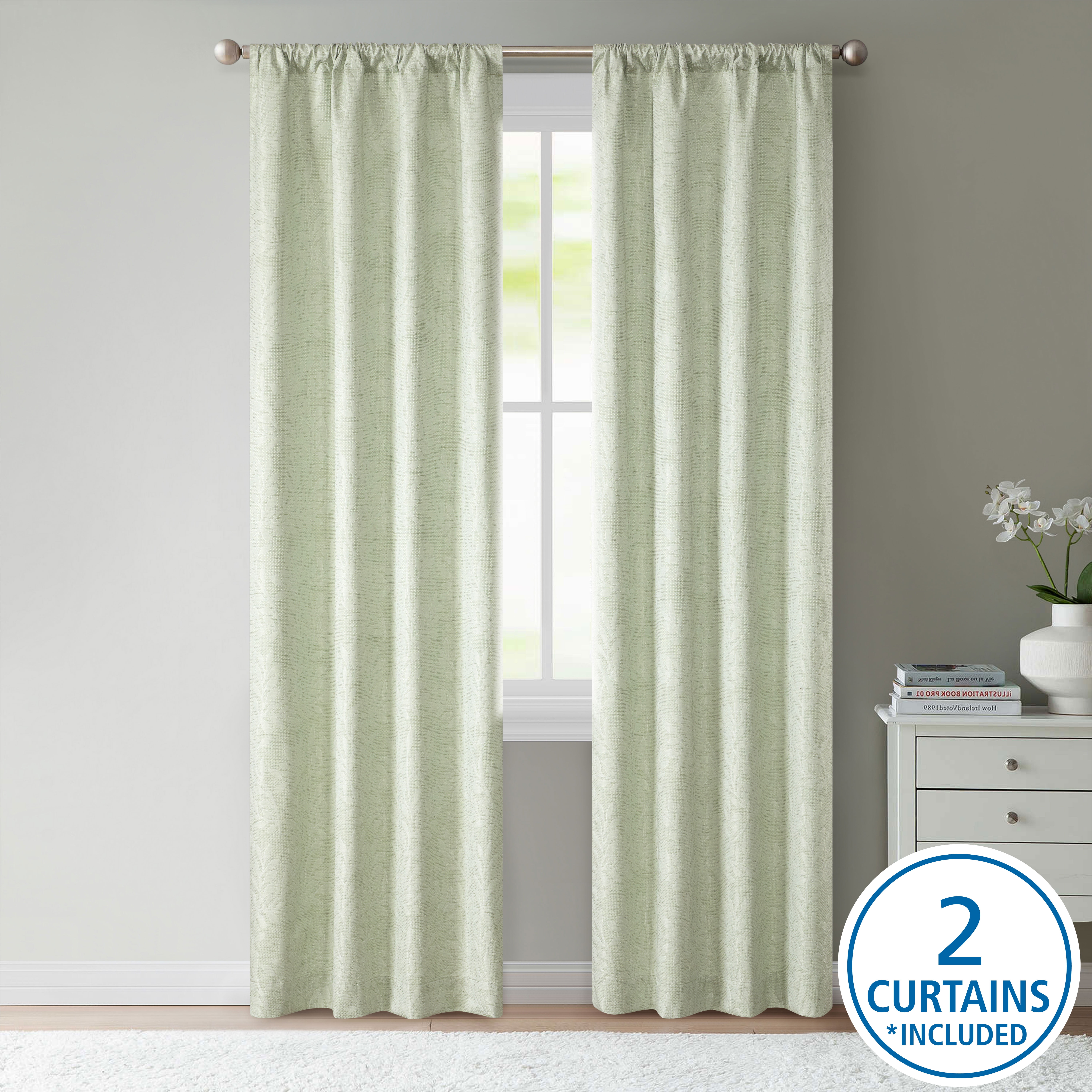 Mainstays Blackout Curtain Printed Jacquard Panel Pair, Set of 2 Ready Made Curtains, Green Botanical, 37" W x 84" L