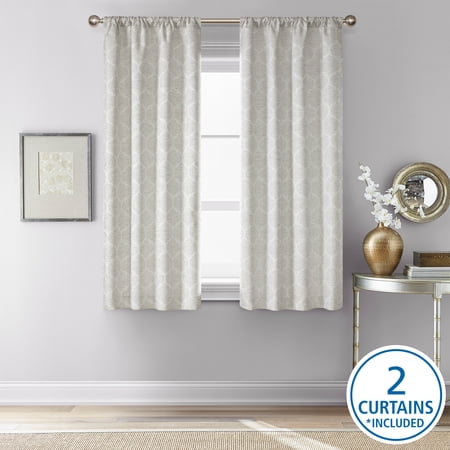MAINSTAYS JACQUARD BLACKOUT PANEL PAIR, SET OF 2 CURTAINS, GREY LATTICE, 37″ W X 63″ L