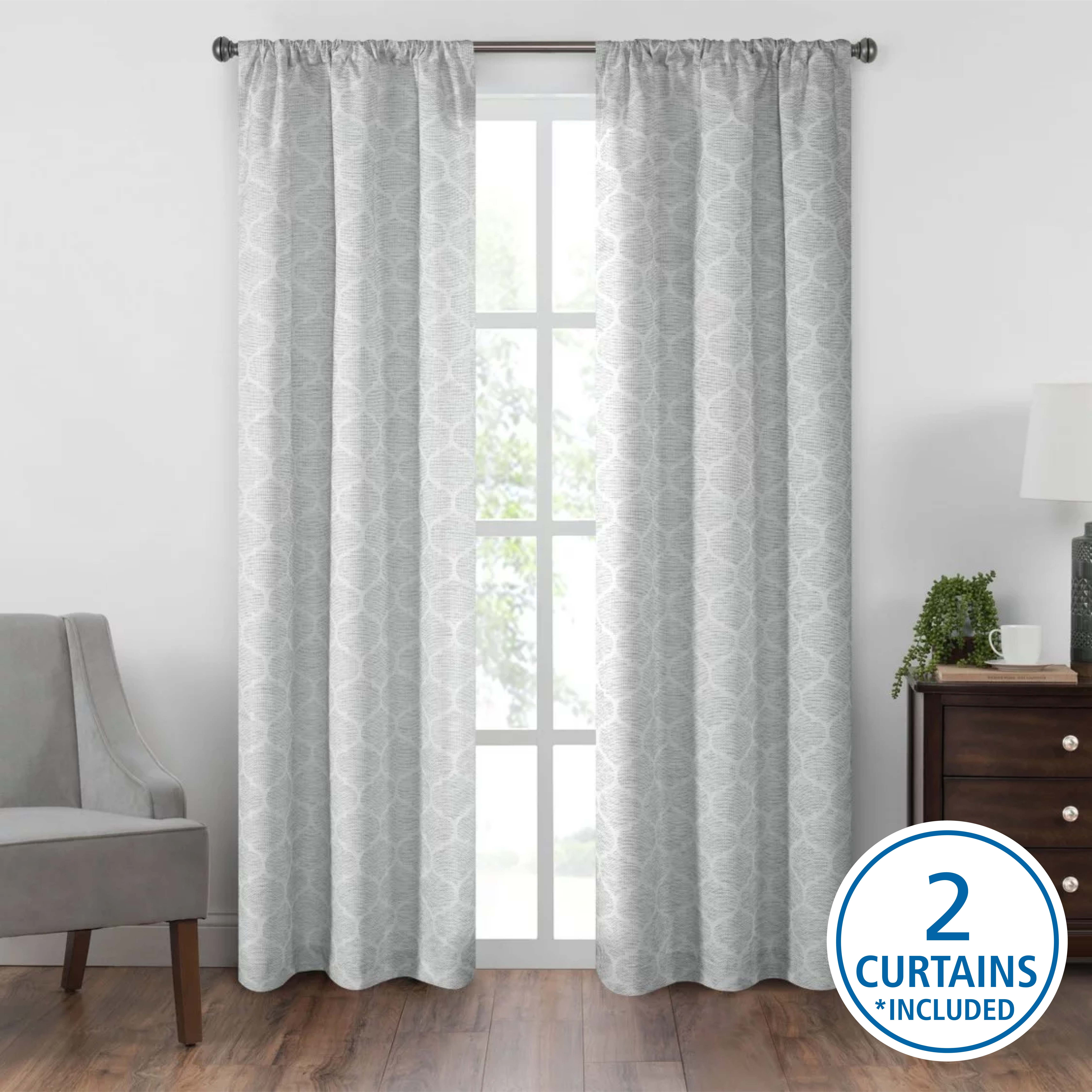 Mainstays Blackout Curtain Printed Jacquard Panel Pair, Set of 2 Ready Made Curtains, Grey Lattice, 37" W x 95" L