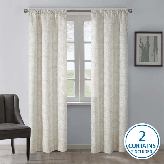 Mainstays Jacquard Blackout Curtain Panel Pair, Set of 2, Beige Botanical, 37 in W x 84 in L