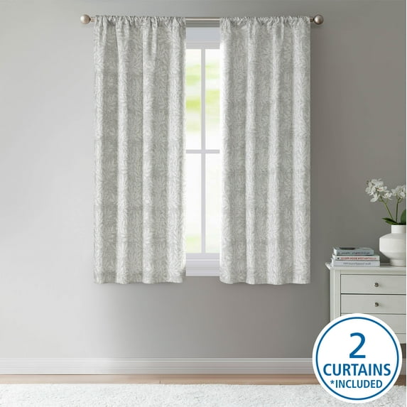 Mainstays Jacquard Blackout Panel Pair, Set of 2 Curtains, Silver Botancial, 37" W x 63" L