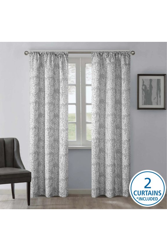 Blackout Curtain Printed Jacquard Panel Pair, Set of 2 Ready Made Curtains, Silver Botanical, 37" W x 95" L