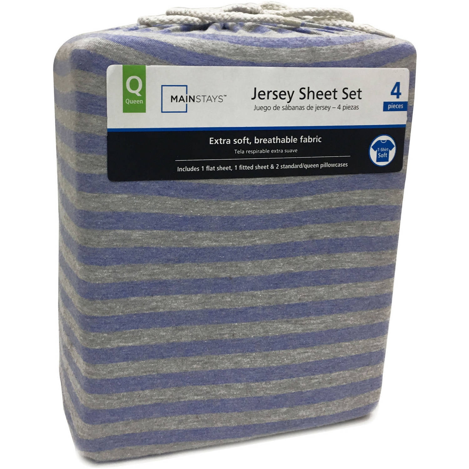 Mainstays Jersey Sheet Set 150 GSM Single Jersey Blue Stripe Queen 4 Pcs Walmart