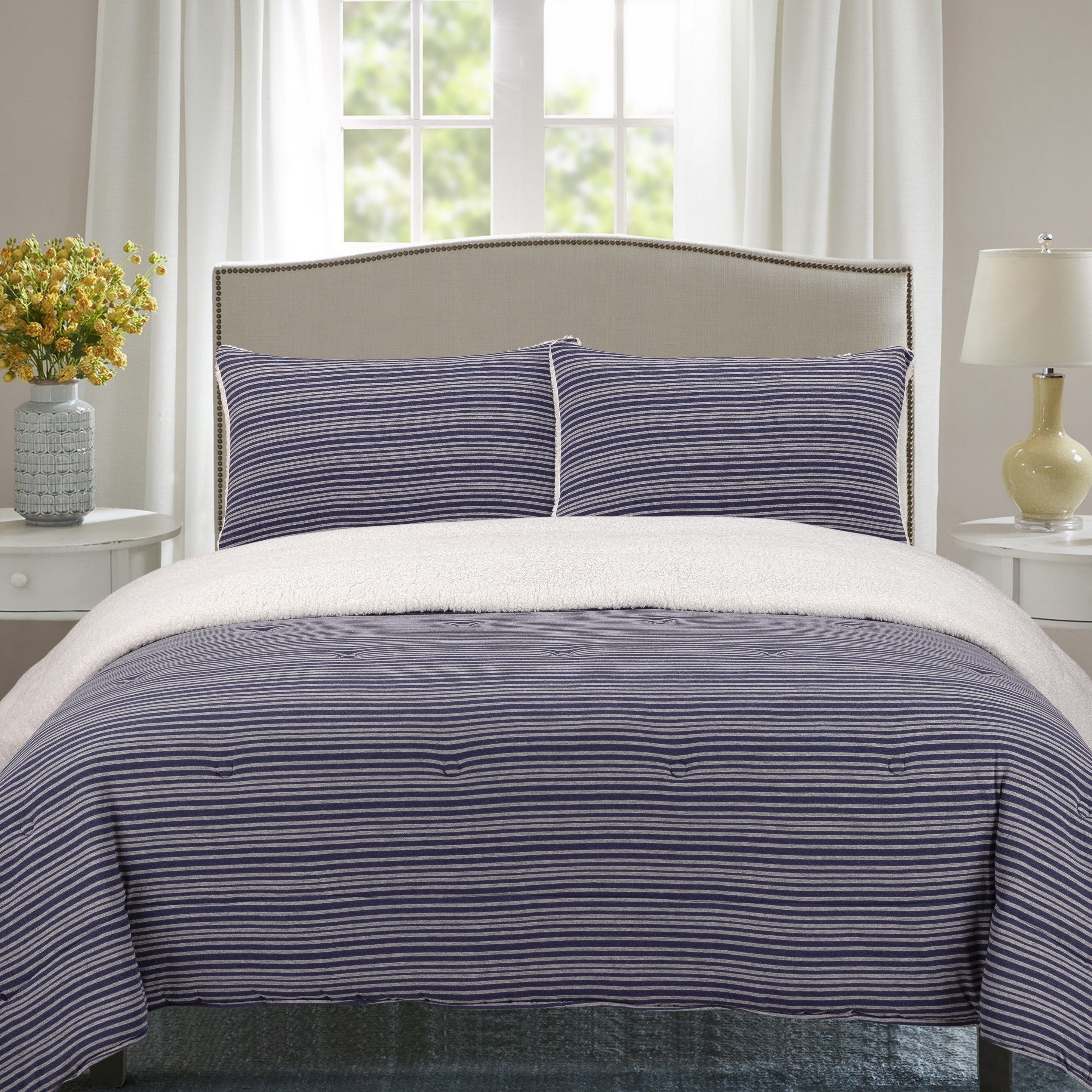 Mainstays Jersey Sherpa Comforter Set, Polyfill, Full/Queen, Blue Stripe,  3Pcs