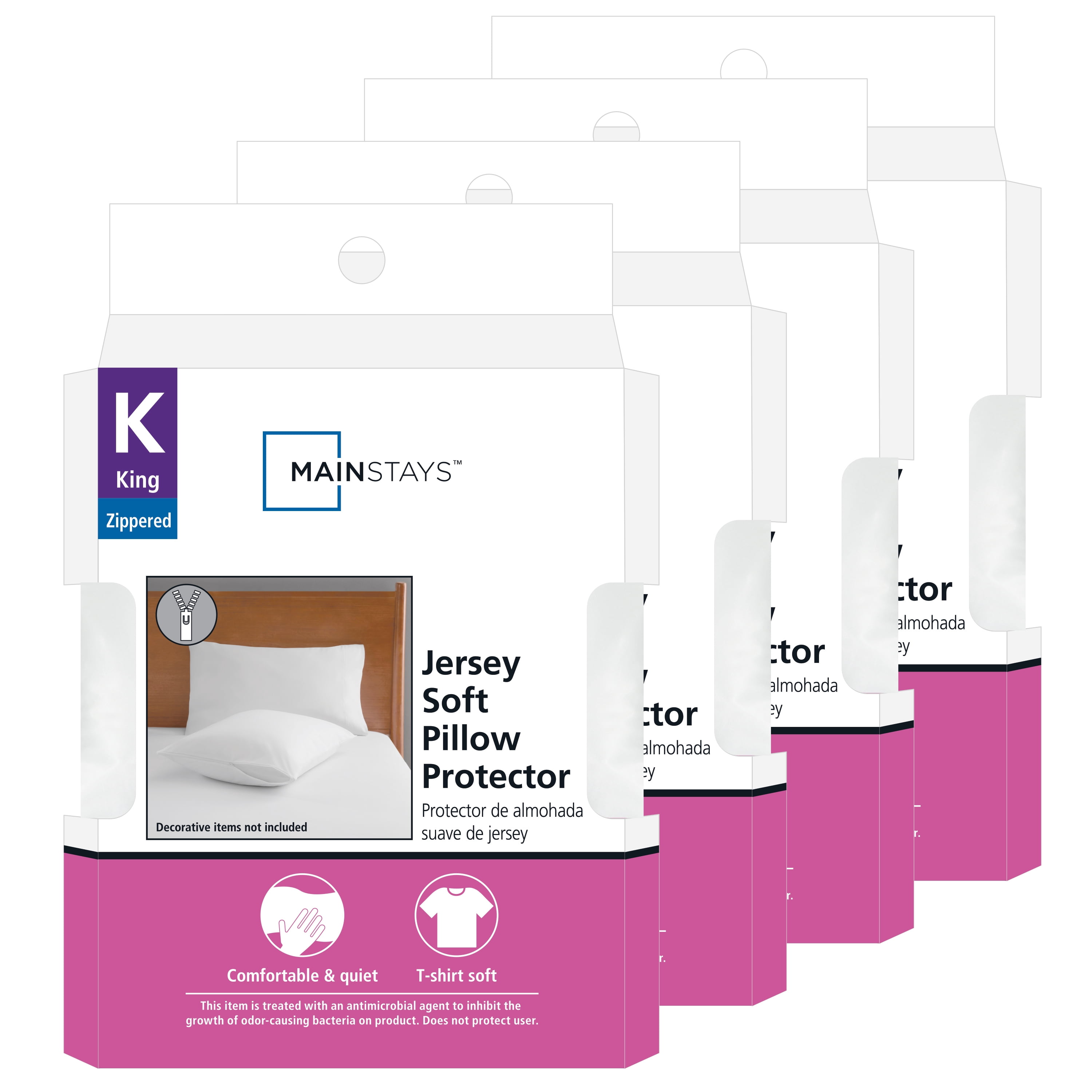 Mainstays Jersey Soft Bed Pillow Cover Protector, Standard/Queen- Durable Zippered Closure (4 Count)