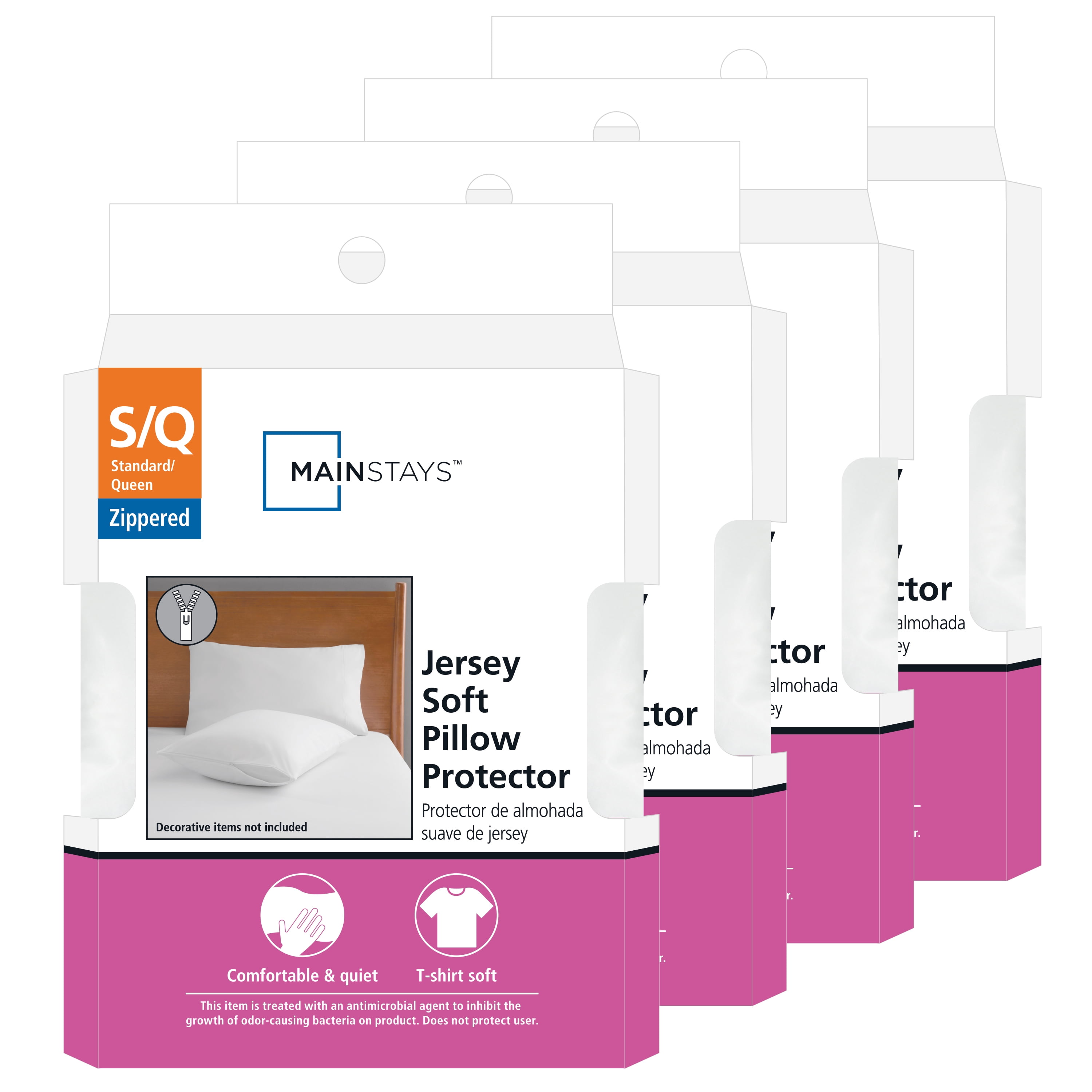 Mainstays Jersey Soft Bed Pillow Cover Protector, Standard/Queen- Durable Zippered Closure (4 Pack)