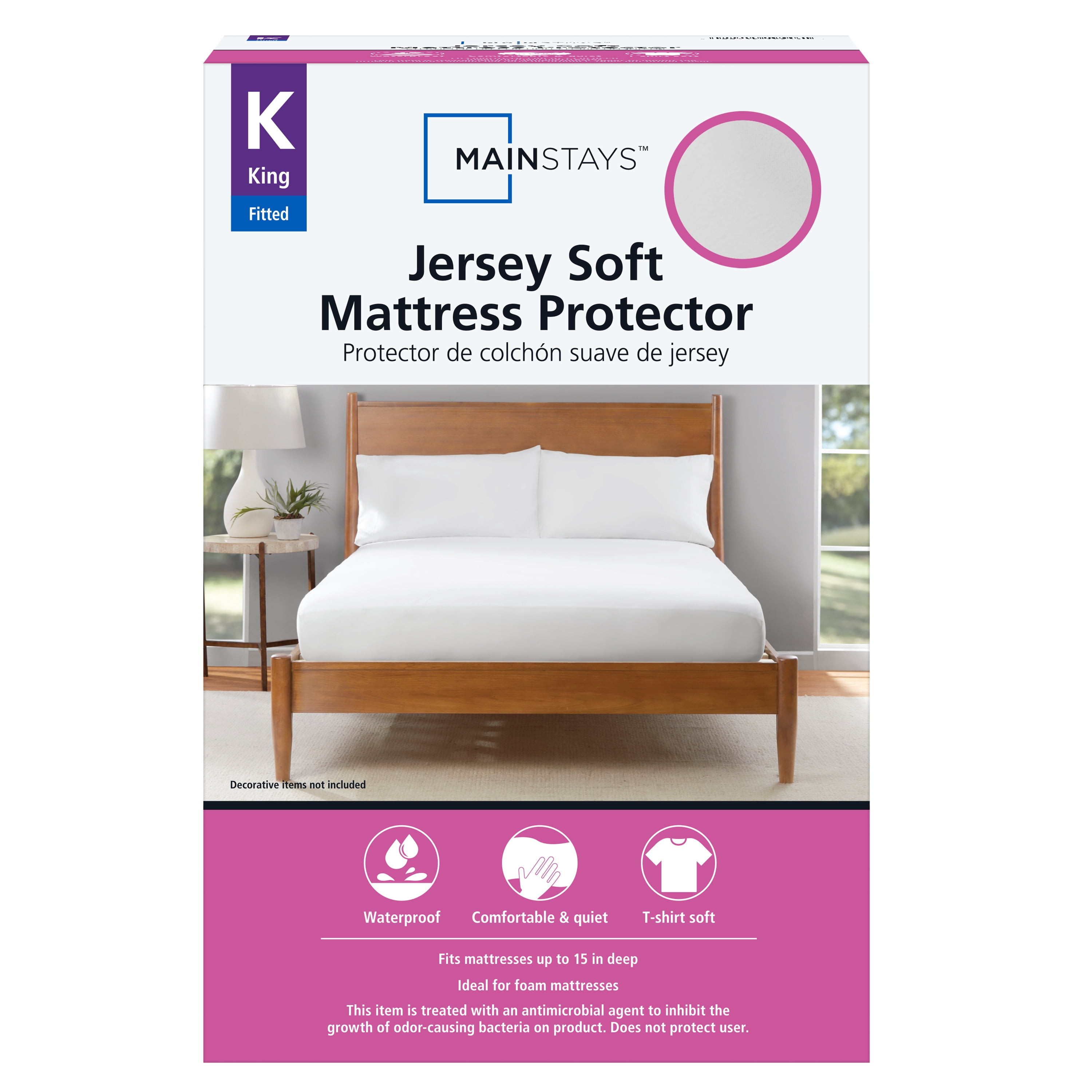 Mainstays Jersey Soft Fitted Mattress Protector, King, Waterproof, Antimicrobial