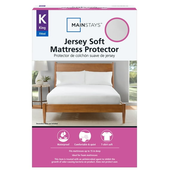Mainstays Jersey Soft Fitted Mattress Cover Protector, King - Waterproof, Antimicrobial