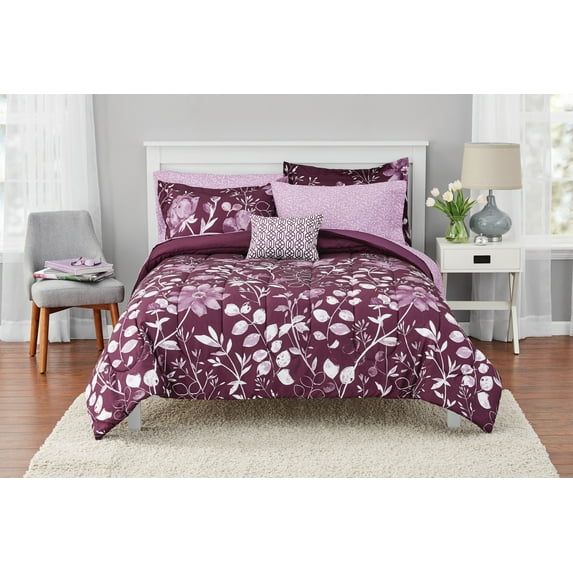Mainstays Kamala Bed in a Bag Coordinating Bedding, Purple, Full