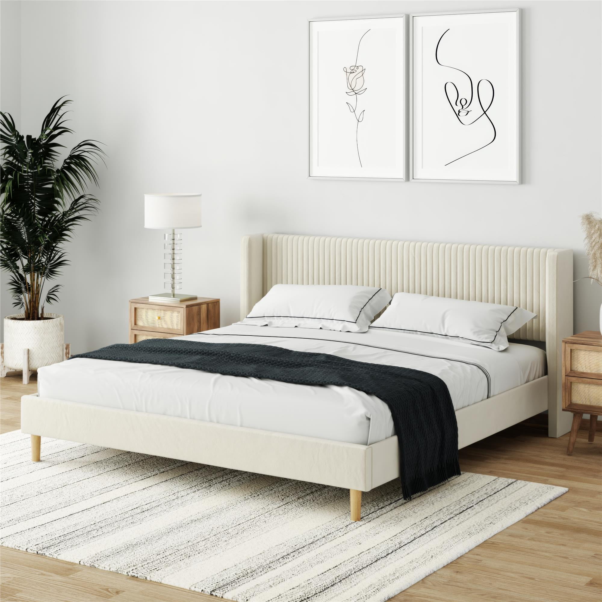 Mainstays Kelsey Upholstered Platform Bed Frame with Tufted Wingback Headboard, No Box Spring Required, King, Cream Velvet