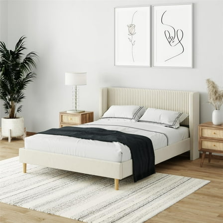Mainstays Kelsey Upholstered Platform Bed Frame with Tufted Wingback Headboard, No Box Spring Required, Queen, Cream Velvet