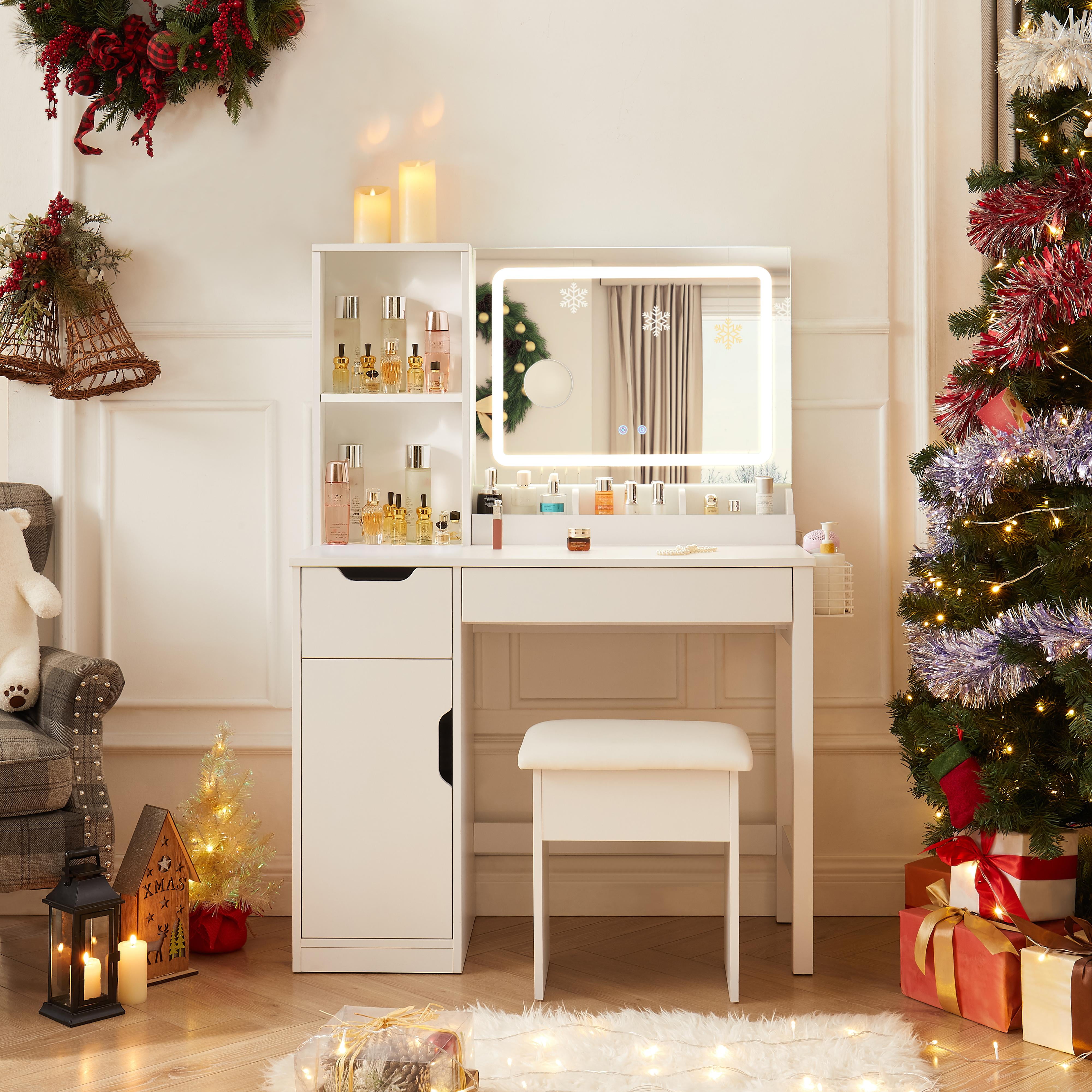 Mainstays Get Ready with Me GRWM Deluxe 2-Piece Vanity and Stool with Lighted Mirror and USB Power, White Finish