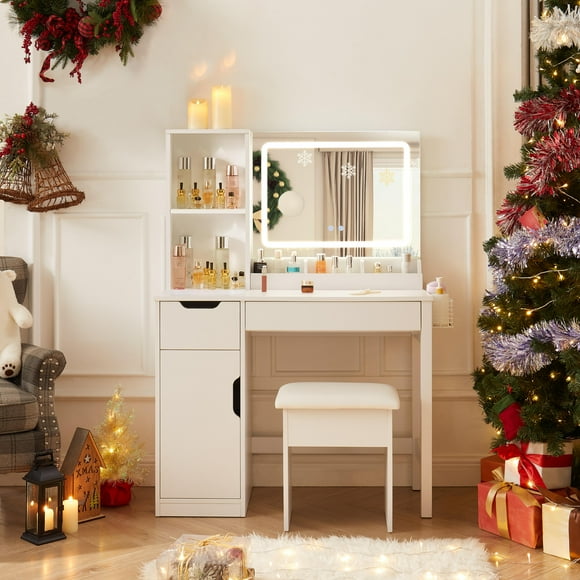 Mainstays Get Ready with Me GRWM Deluxe 2-Piece Vanity and Stool with Lighted Mirror and USB Power, White Finish