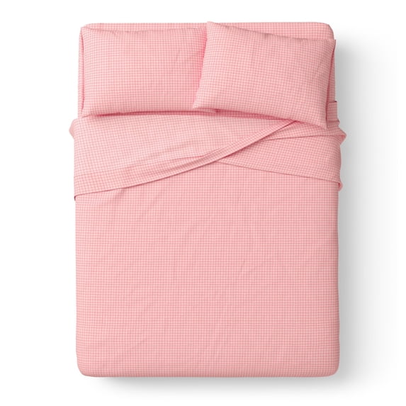 Mainstays Kids 100% Cotton Percale Bed Sheet Set, Queen, Pink Grid, 4 Pieces