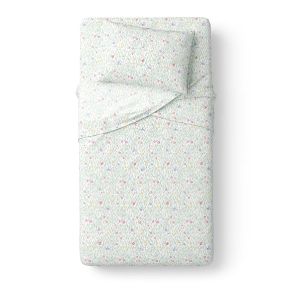 Mainstays Kids 100% Cotton Percale Bed Sheet Set, Twin, Meadow, 3 Pieces