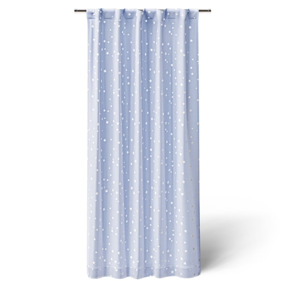 Mainstays Kids Spring Periwinkle and Metallic Silver Stars Sheer Overlay Blackout Rod Pocket with Back Tabs Single Curtain Panel, 38" W x 63" L